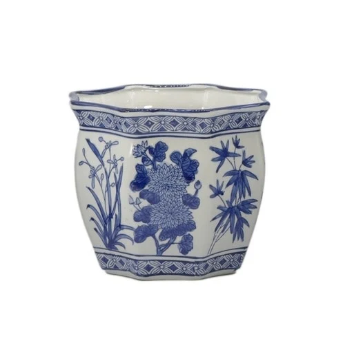 Ceramic Chinoiserie Planter Pot White & Blue Round Hex - Sold Individually - Image 6