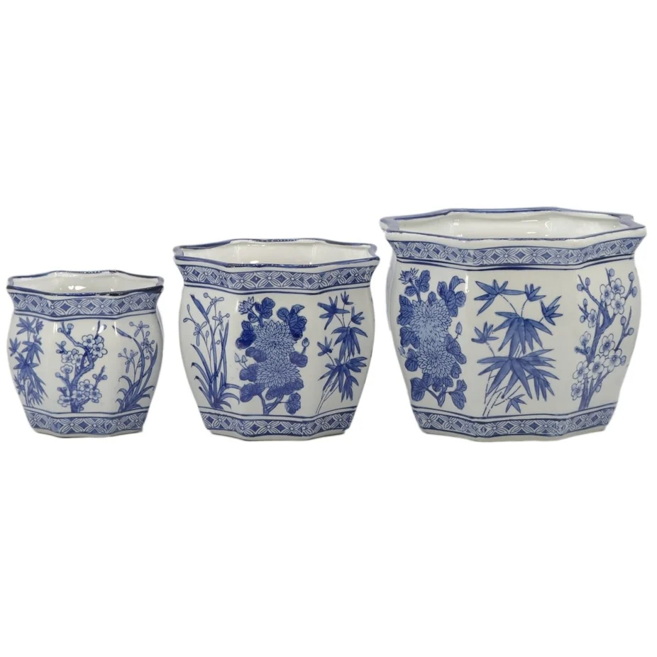 Ceramic Chinoiserie Planter Pot White & Blue Round Hex - Sold Individually - Image 8