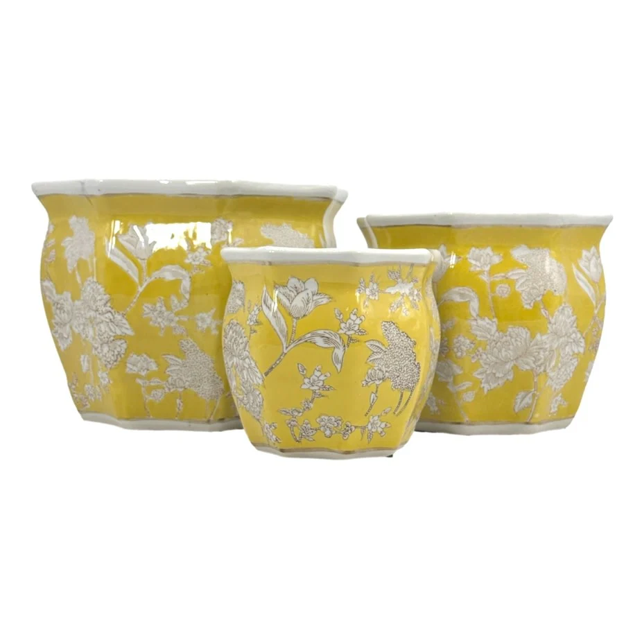 Ceramic Chinoiserie Planter Pot Yellow & White - Sold Individually - Image 3