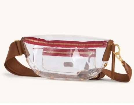 Charles Crossbody Med Clear Mahogany Pebble Brushed Gold Red Zip