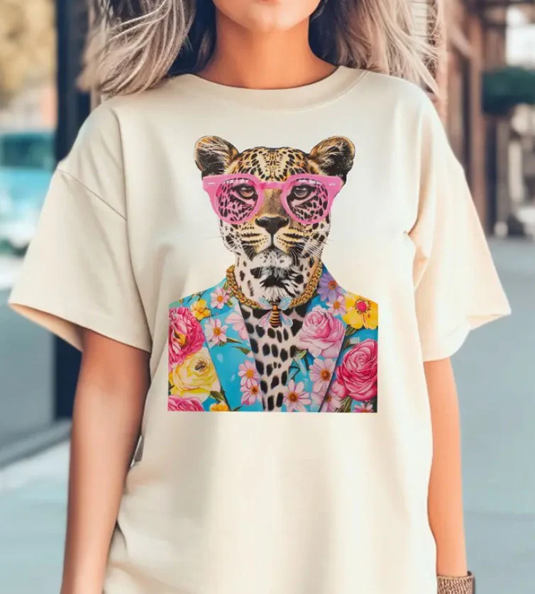 Cheetah in Flower Jacket Natural T-Shirt