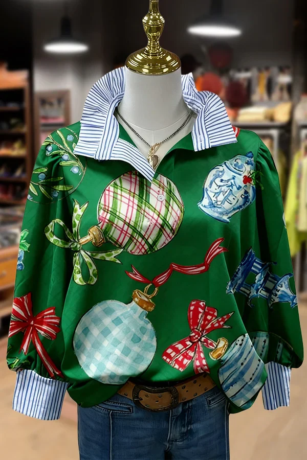 Christmas Ornaments Print Striped Collar Top - Image 13
