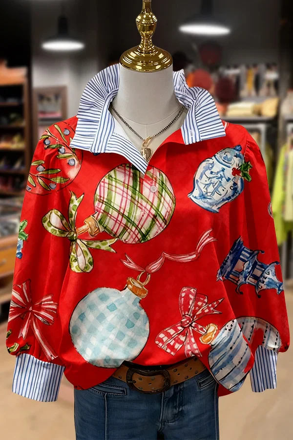 Christmas Ornaments Print Striped Collar Top - Image 7