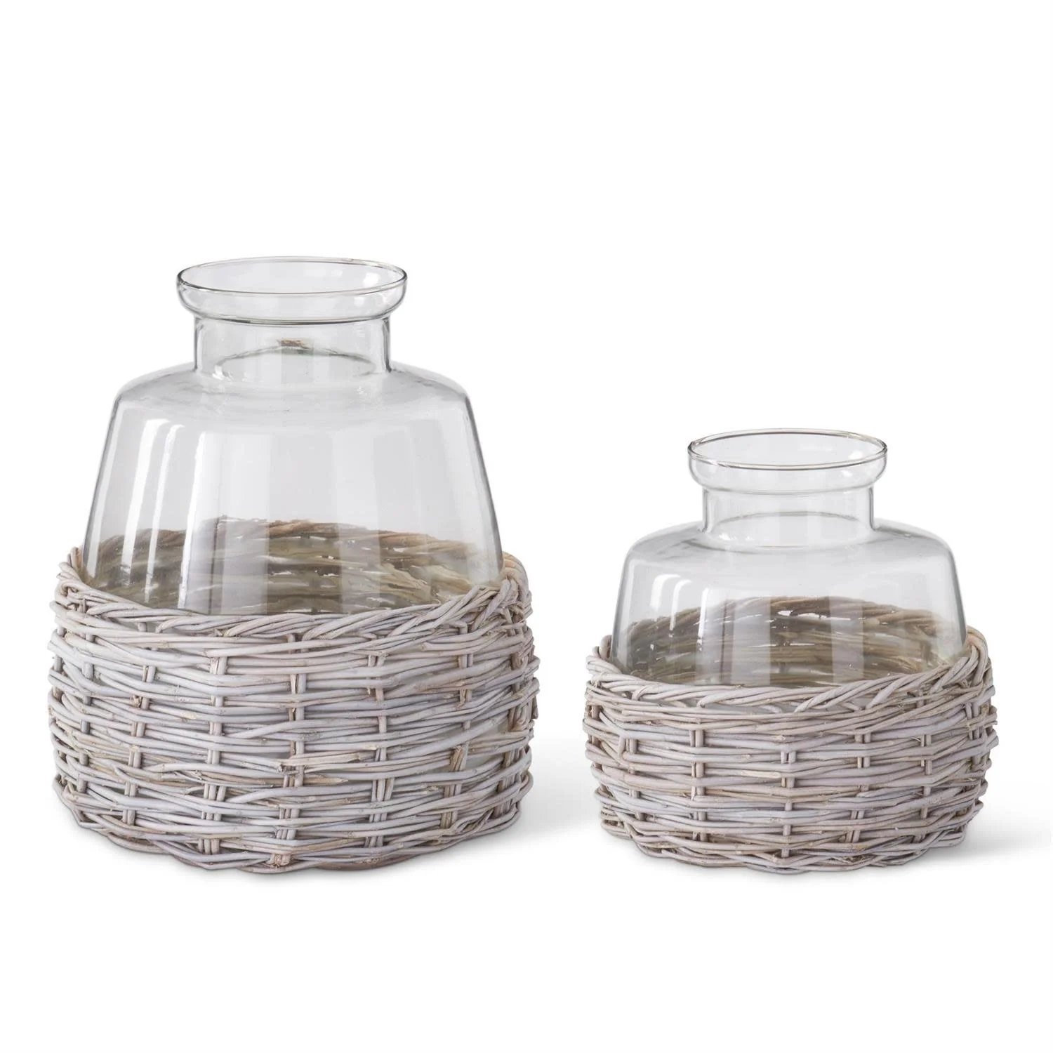 Clear Glass Vase in Woven Whitewashed Rattan Basket