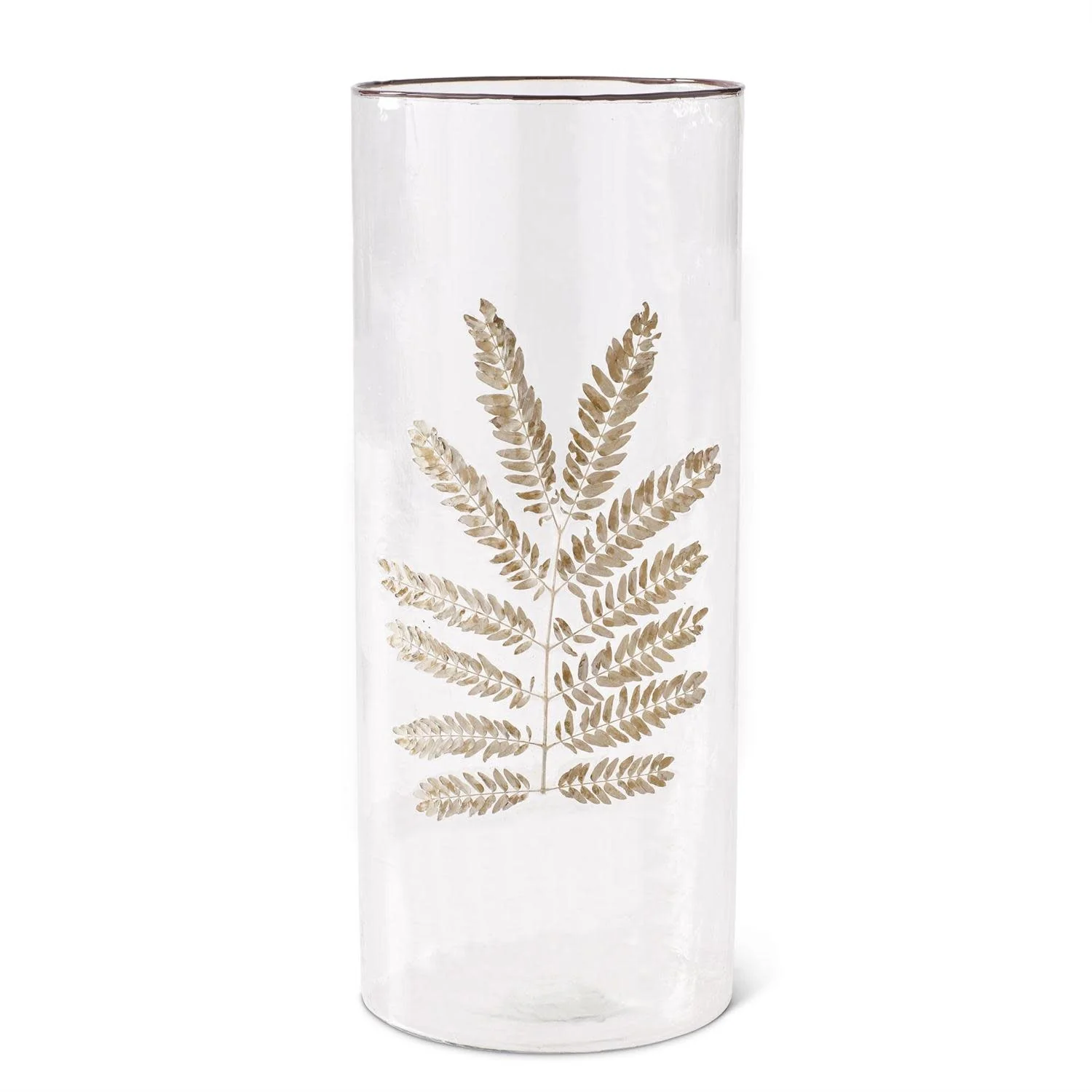 Clear Textured Glass Cylinder with Dried Leaf Applique - Image 3