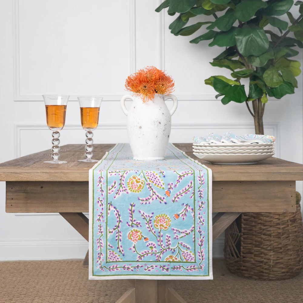 Climbing Dahlia Sky Blue Table Runner