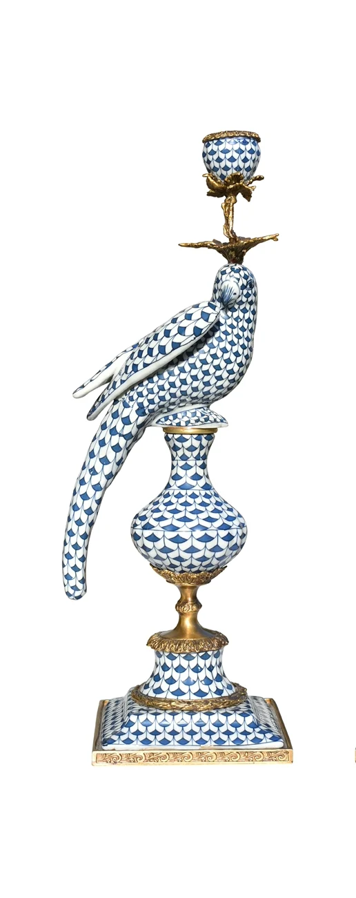 Blue/White Porcelain Fish Scale Bronze Bird Candlestick Right Facing