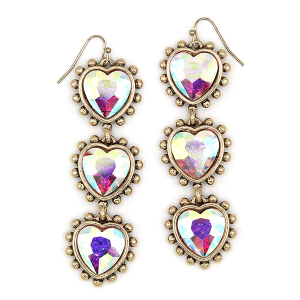 Western 3 Heart Dangle Crystal Antique Gold AB Earrings