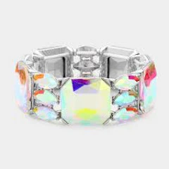 Silver Tone Aurora Borealis Rectangle and Marquise Stone Stretch Bracelet