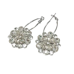 Vintage Style Silver Rhinestone Floral Hoop Earrings