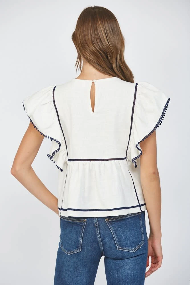 Danica Lace Insert Embroidered Flutter Sleeve Blouse - Image 3