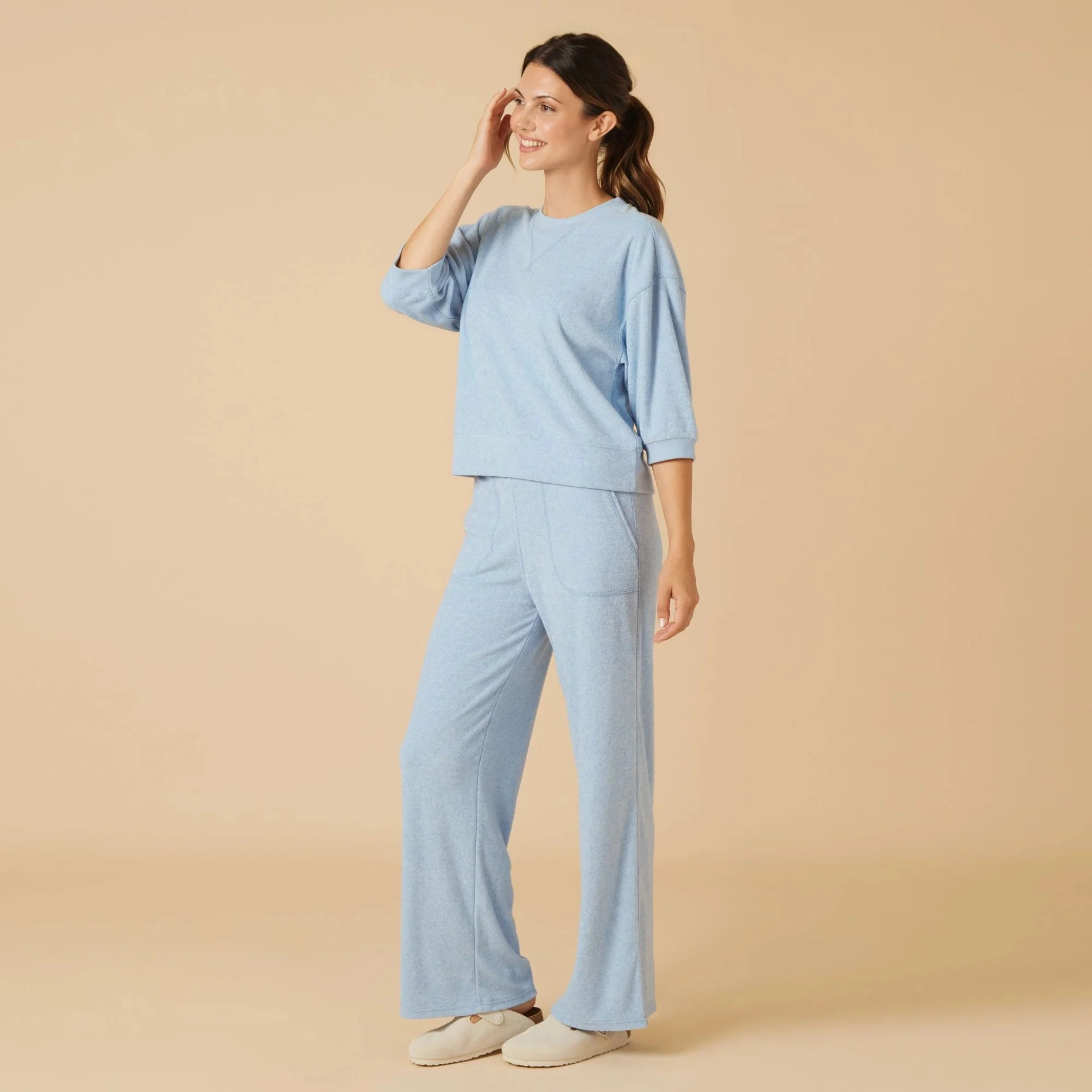 Daphne Terry Cropped Sleeve Crew Neck with Wide Leg Pant - Image 3