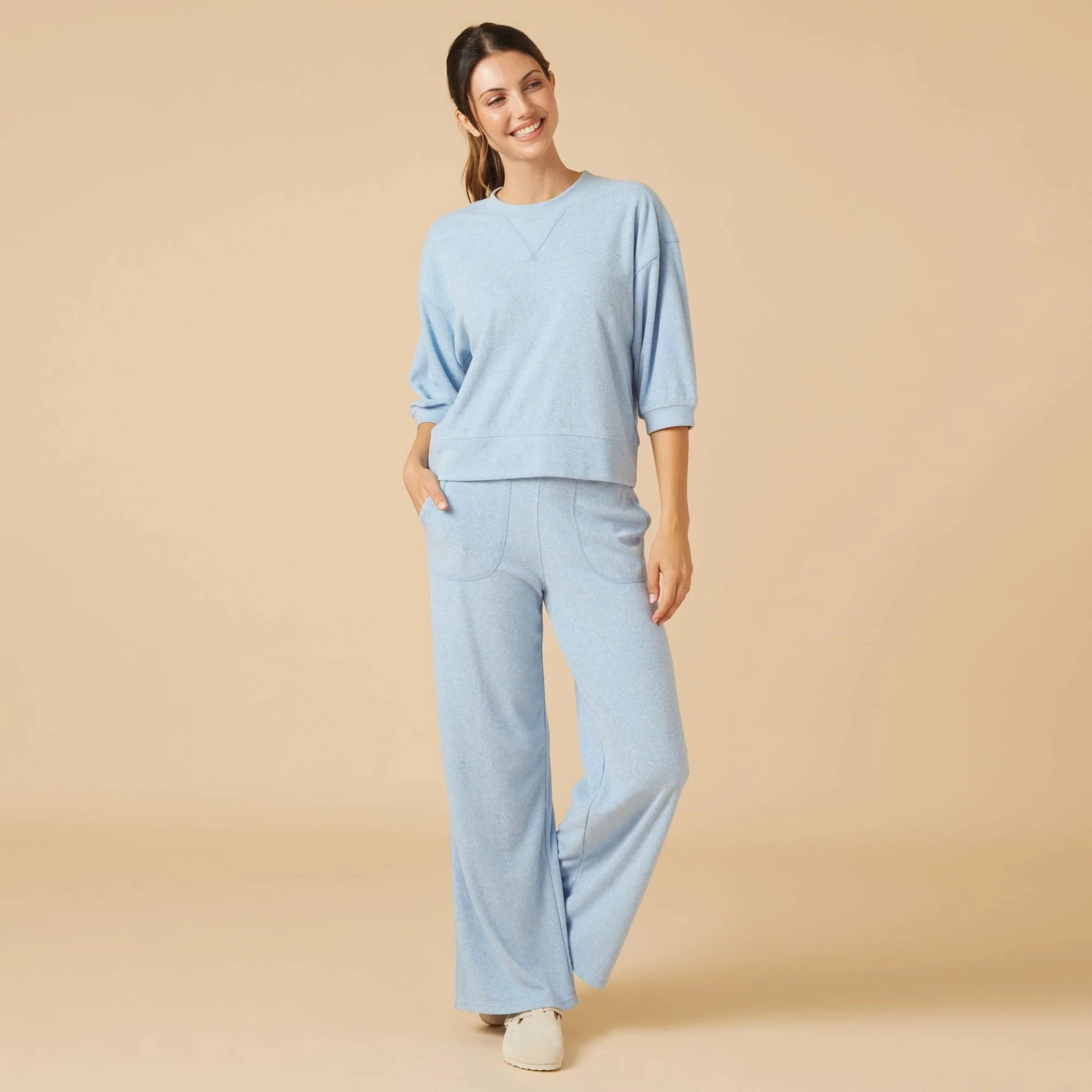 Daphne Terry Cropped Sleeve Crew Neck with Wide Leg Pant - Image 4