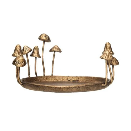 Decorative Cast Iron Tray  with Mushrooms, Antique Gold Finish
