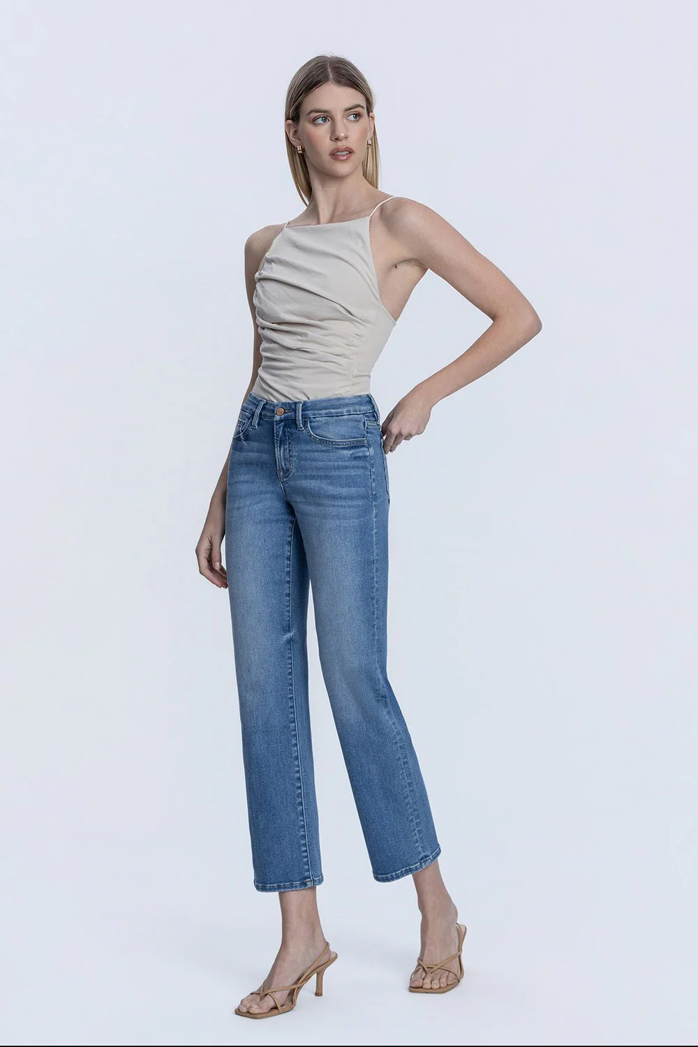 Delilah Mid Rise Medium Dark Wash Ankle Straight Jeans - Image 2