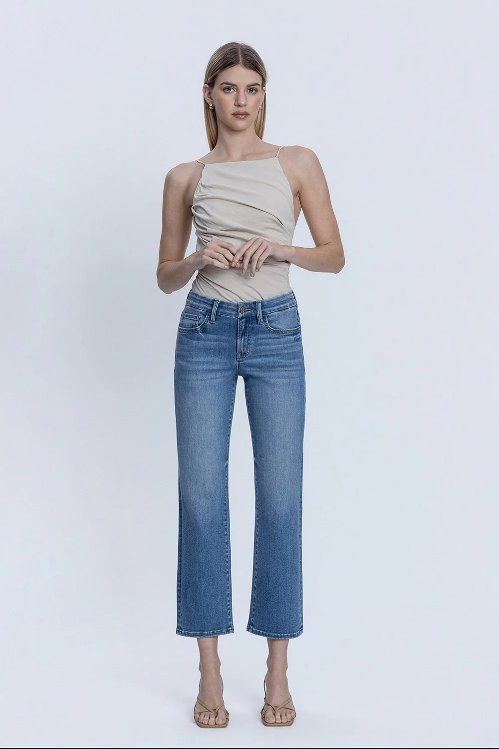 Delilah Mid Rise Medium Dark Wash Ankle Straight Jeans - Image 4