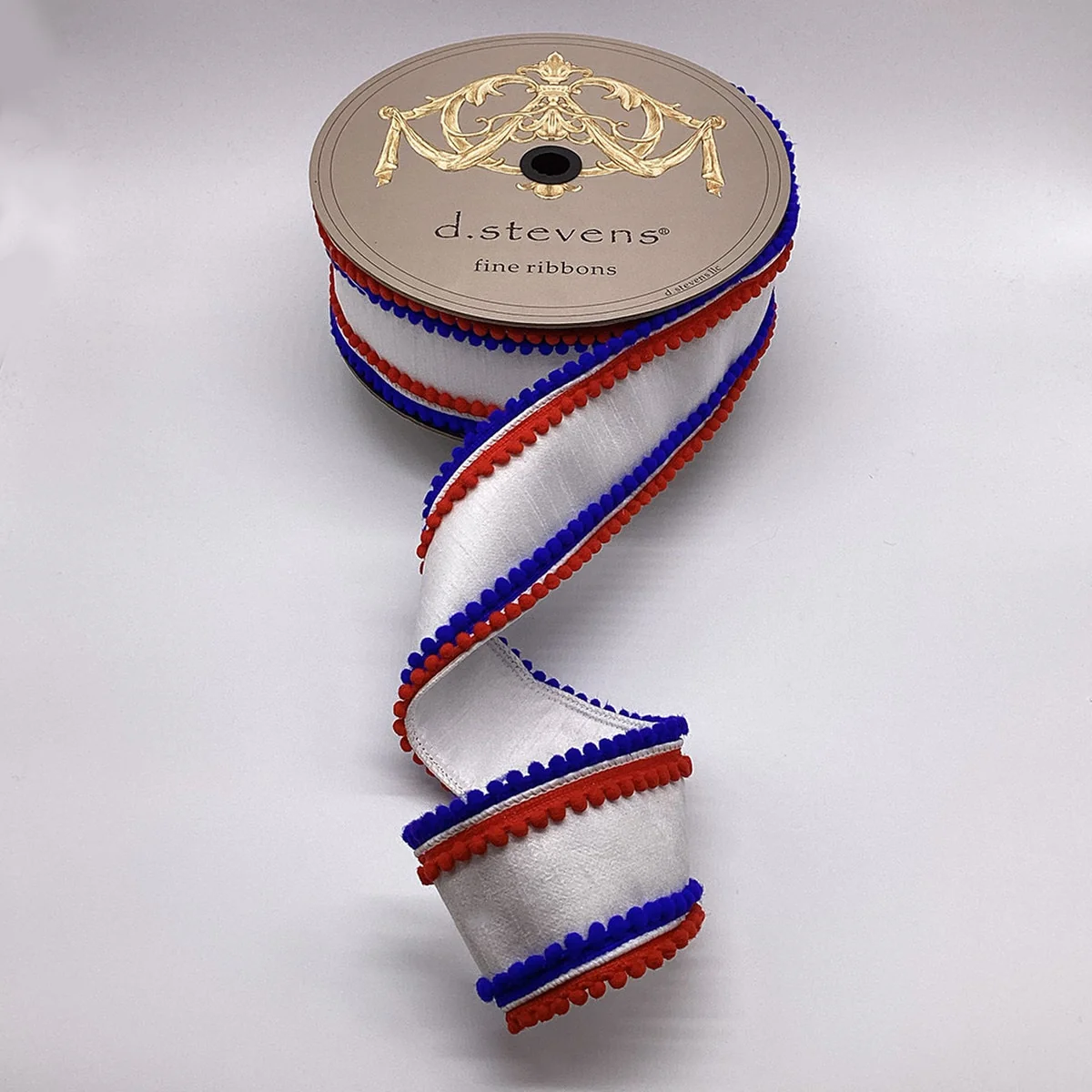 Dupion Red Royal Blue Pom Pom Trim, White