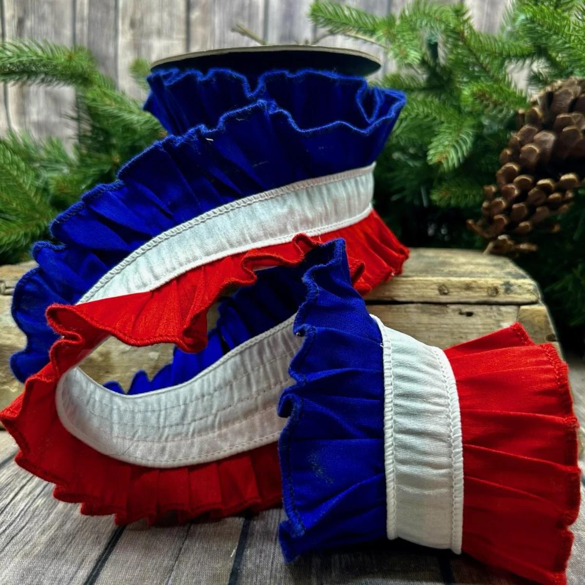 Dupion Ruffle, Red White Royal Blue Ribbon