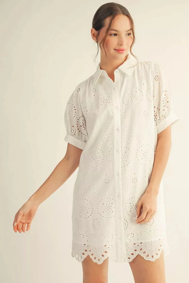 Eleanor Short Sleeves Button Down Eyelet Dress