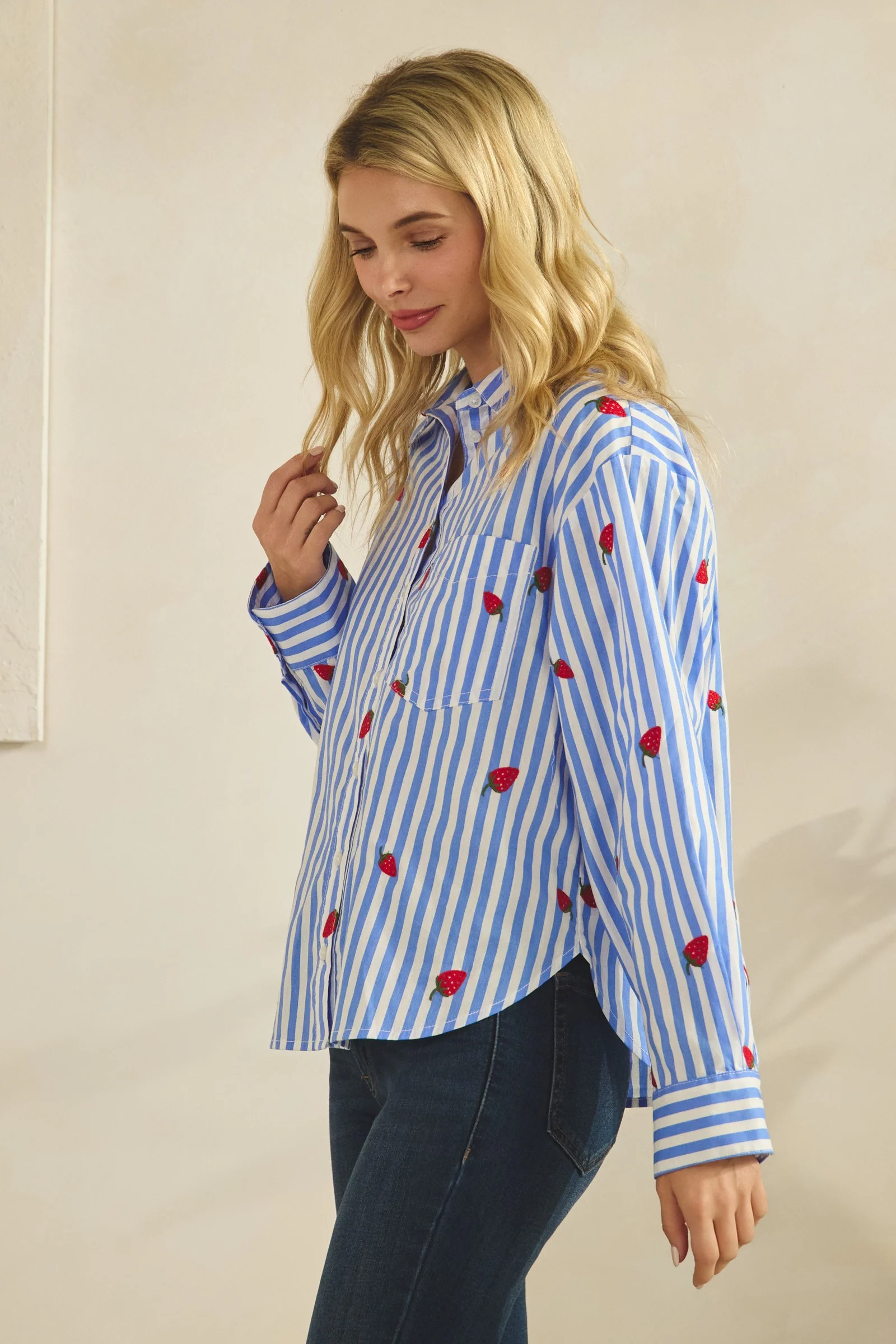 Eleanor Strawberry Embroidery Button Down Blouse - Image 2