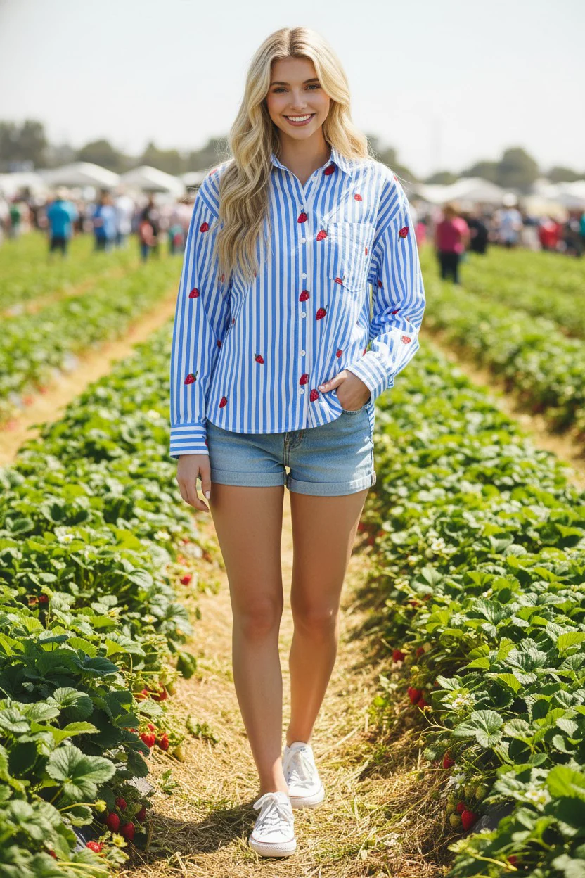 Eleanor Strawberry Embroidery Button Down Blouse - Image 4