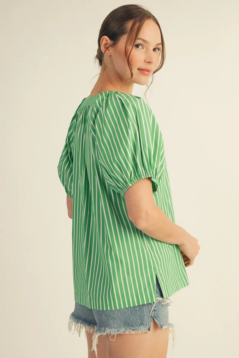 Ella Shoulder Pintuck Detail Stripe Peasant Top - Image 2