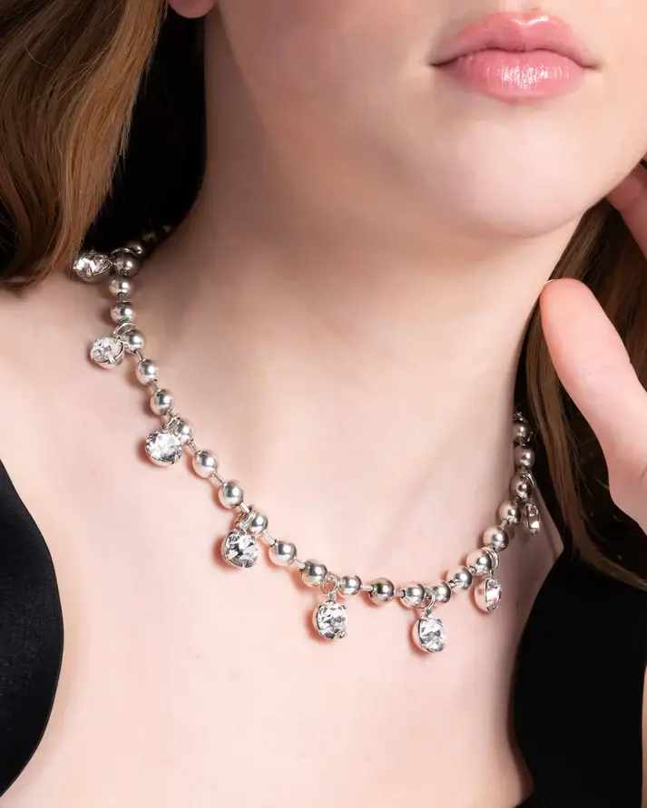 Emery Silver Fashion Necklace with Beads and Rhinestones - Image 2