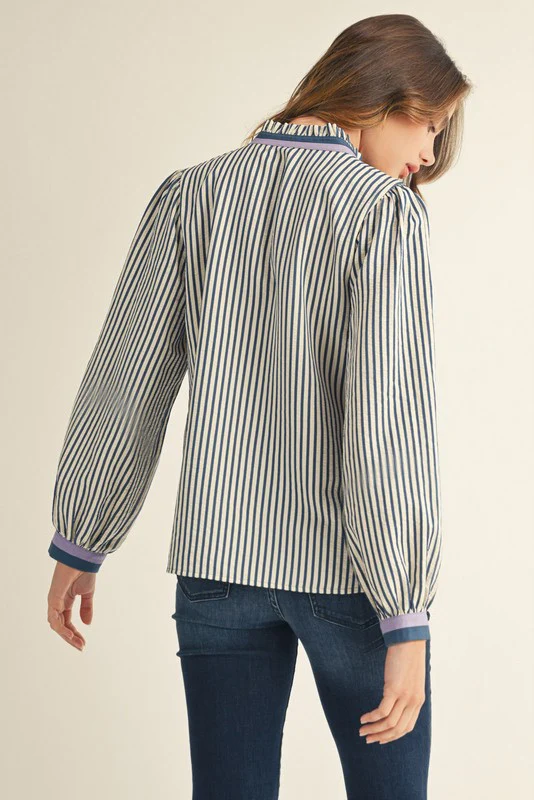 Emilia Ruffled Neck Button Down Stripe Top - Image 2