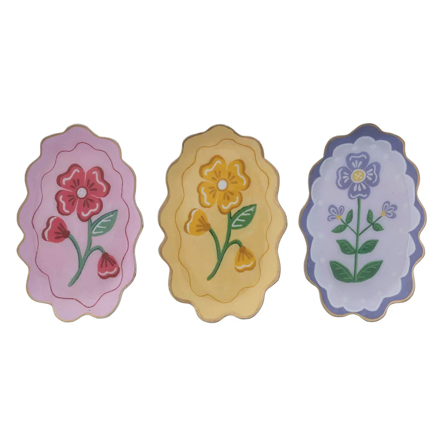 Enameled Metal Scalloped Tray with Flower & Gold Edge - Sold Individually