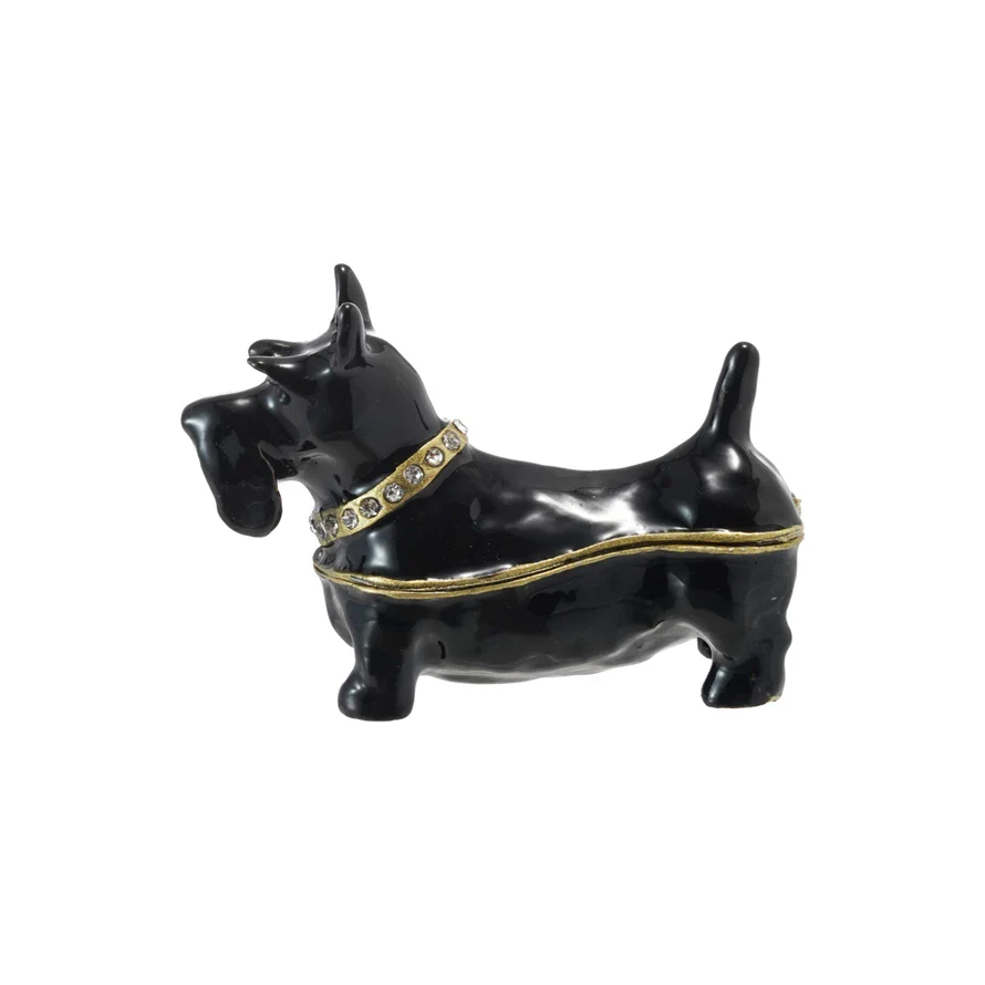Enameled Metal Scottie Shaped Trinket Box w/ Jewels, Gold Finish & Black
