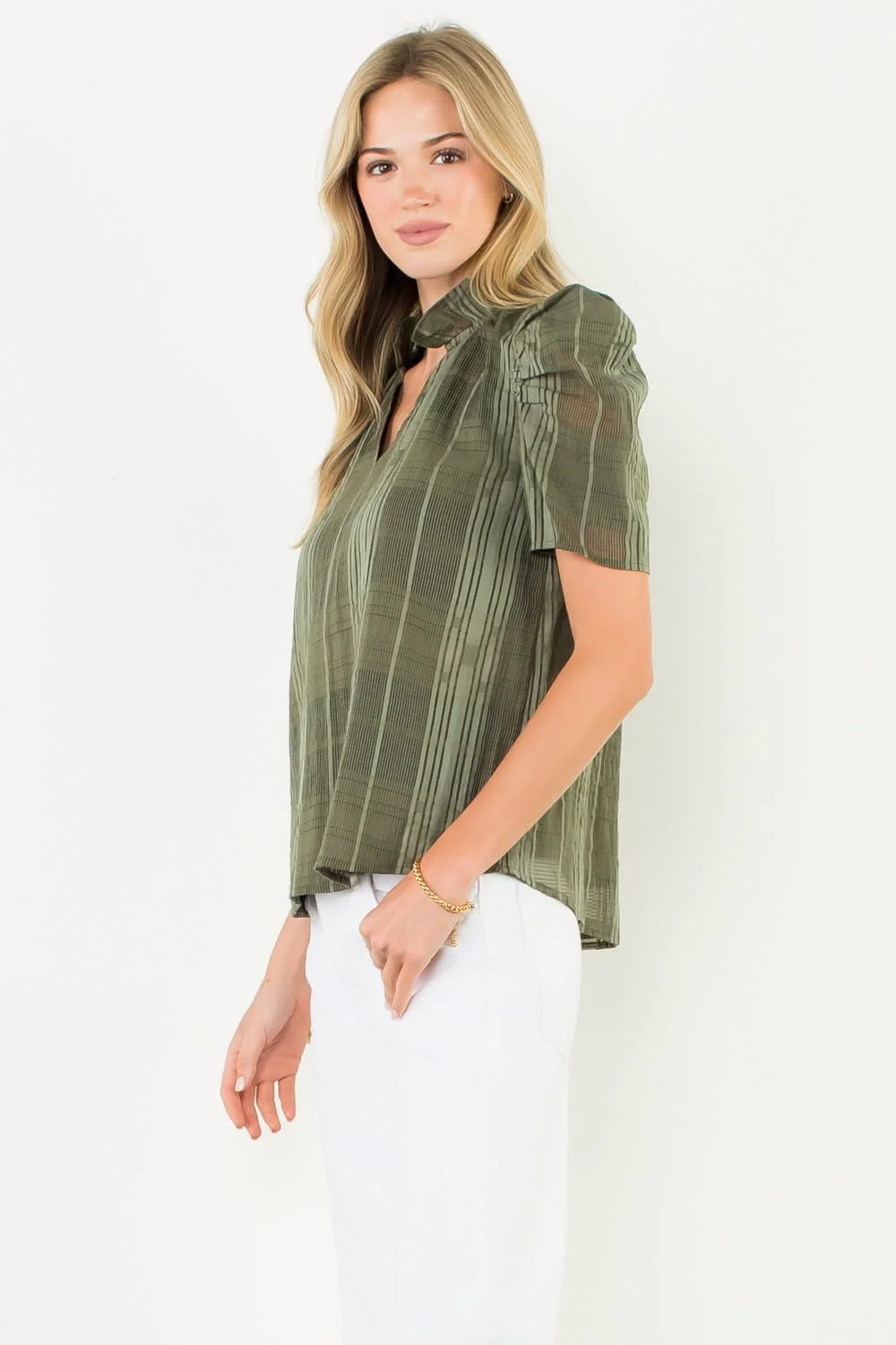 Eunice Puff Sleeve Gingham Textured V-neck Top - Image 3