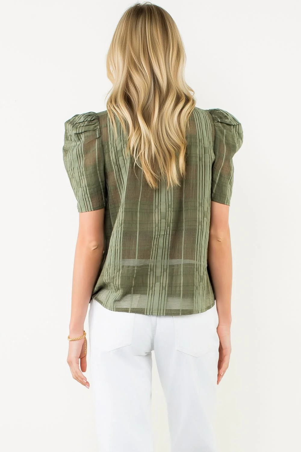 Eunice Puff Sleeve Gingham Textured V-neck Top - Image 4