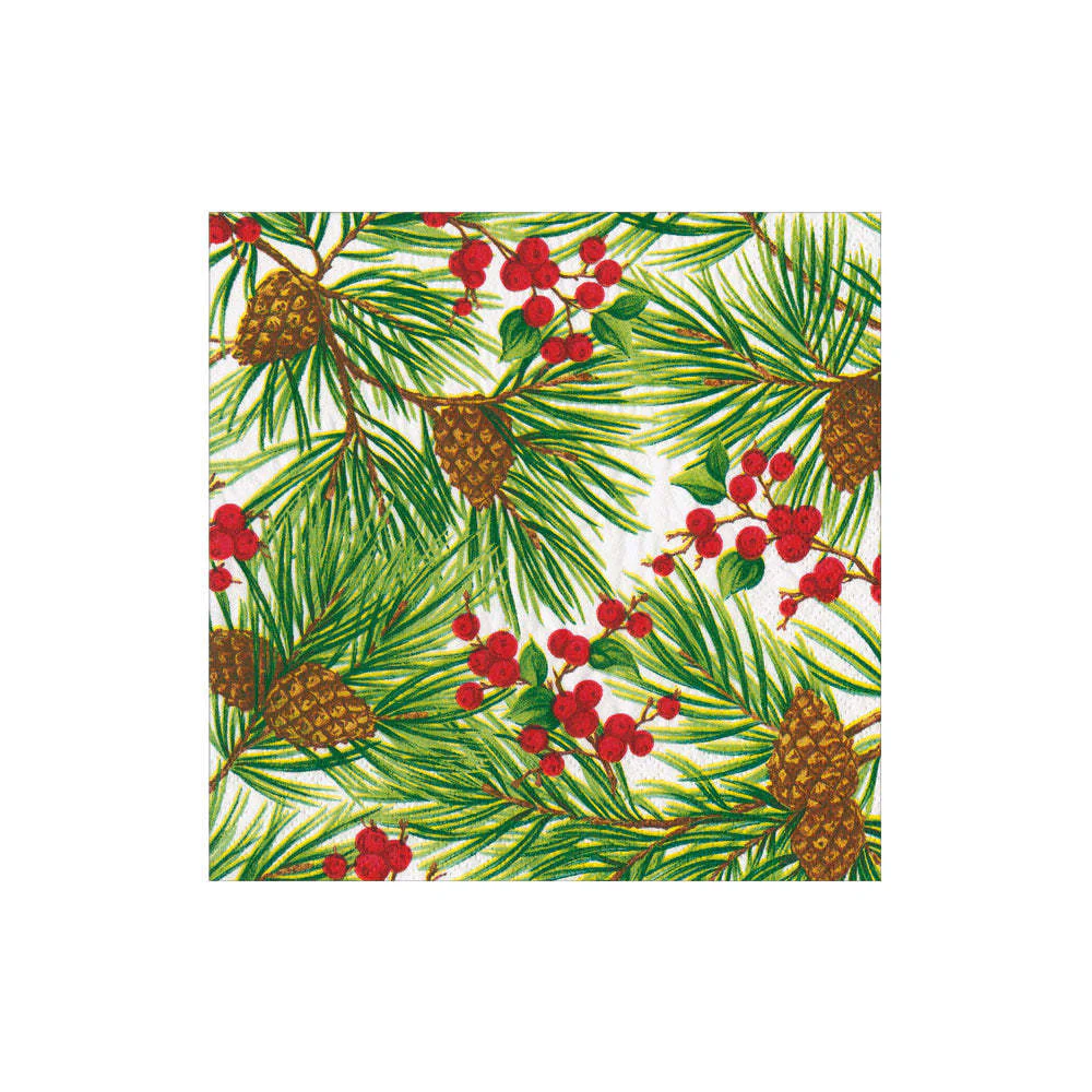 Evergreen and Berries White Cocktail Napkins