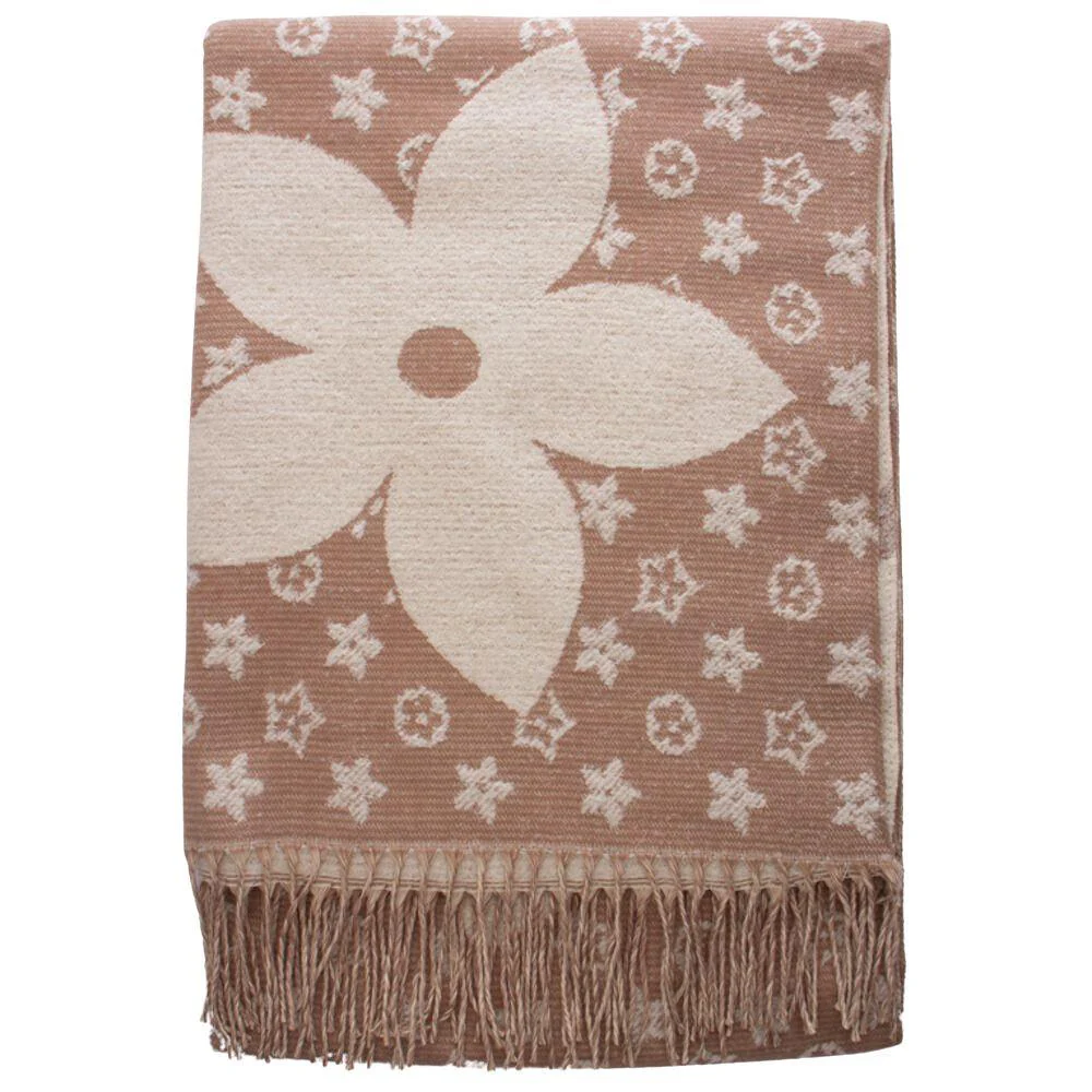 Flower Ribbed Texture Fringe Oblong Scarf - Beige