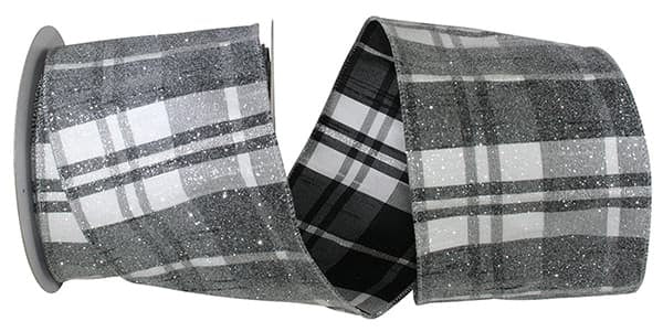 FROSTED GRAND PLAID WIRED EDGE BLACK/WHITE RIBBON  4"X10YDS