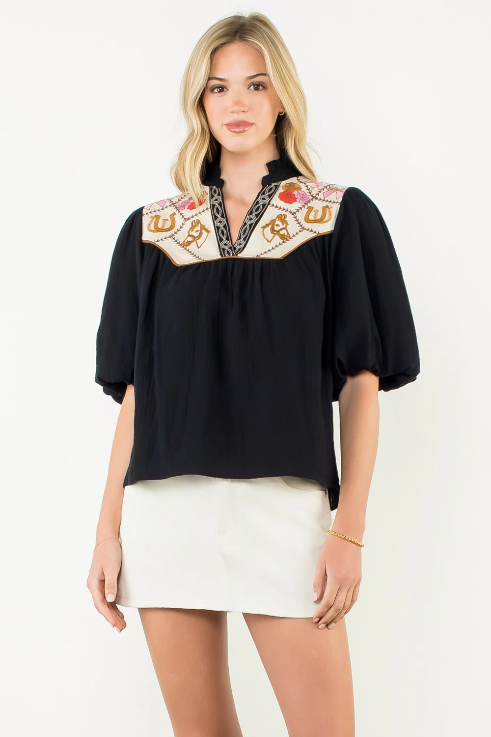 Gail Puff Sleeve Embroidery Detailed Neckline Top - Image 10
