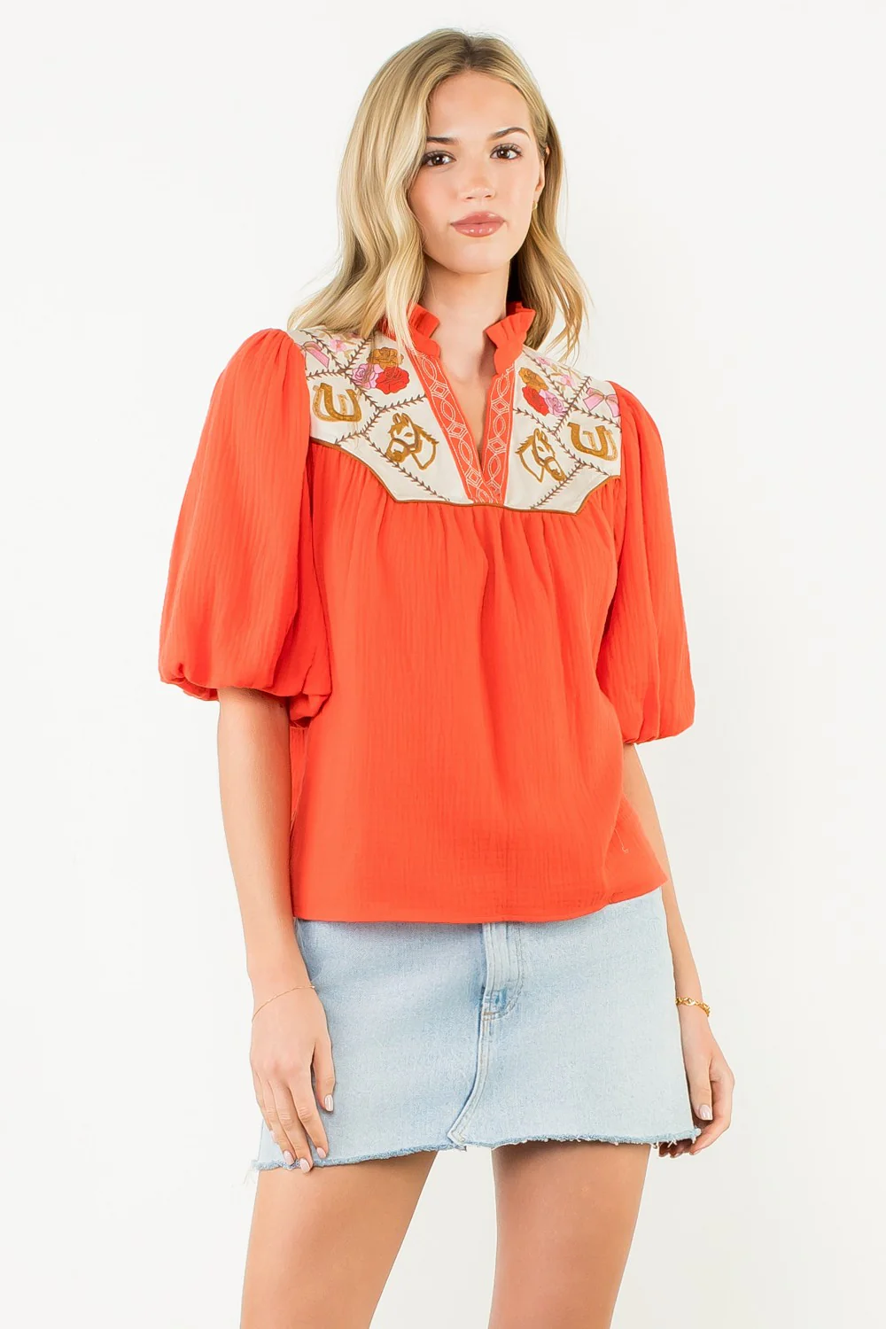 Gail Puff Sleeve Embroidery Detailed Neckline Top - Image 11