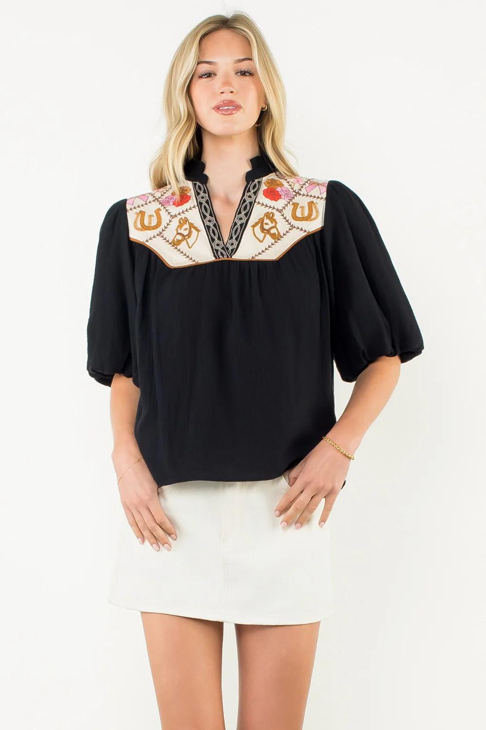 Gail Puff Sleeve Embroidery Detailed Neckline Top - Image 12