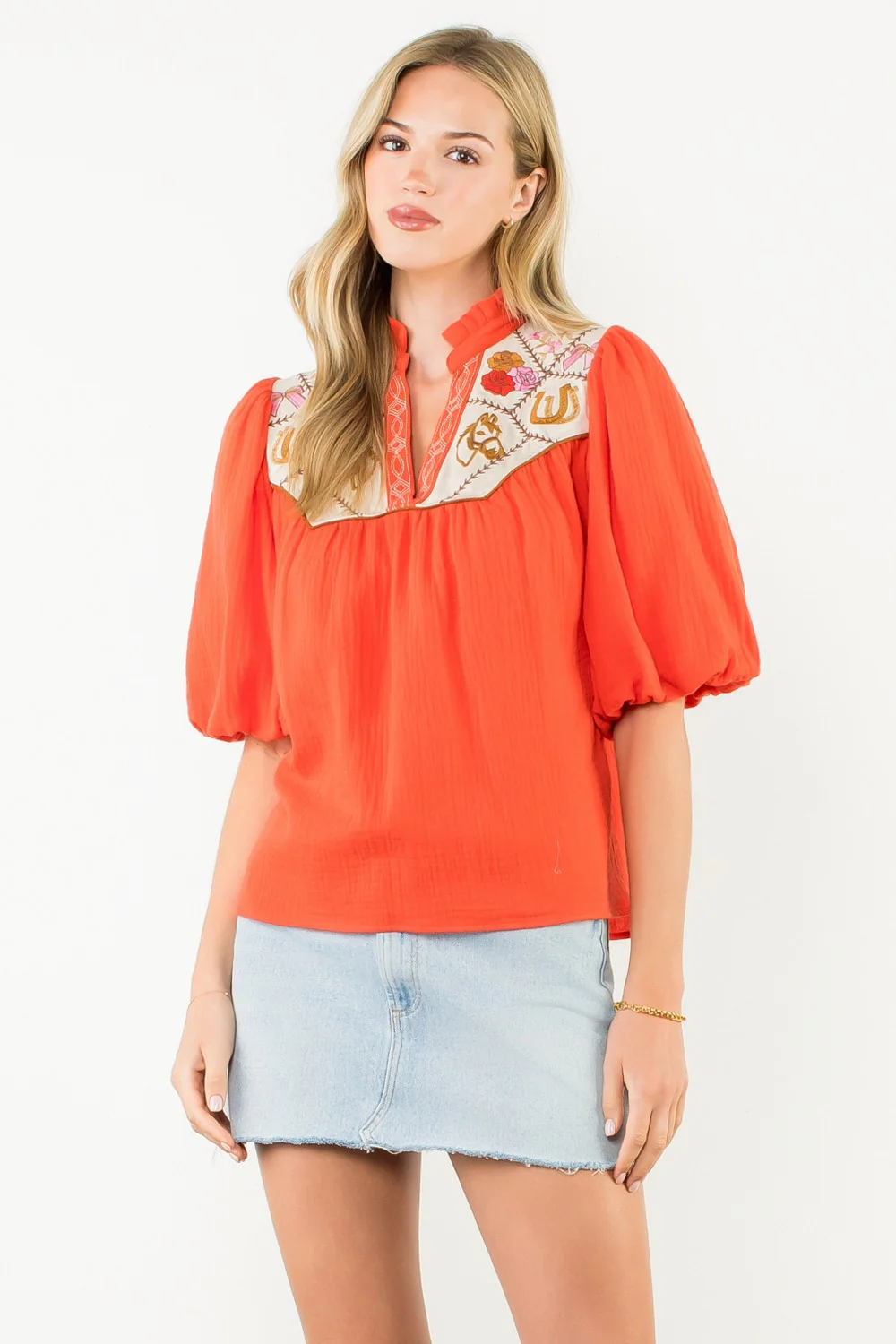 Gail Puff Sleeve Embroidery Detailed Neckline Top - Image 9