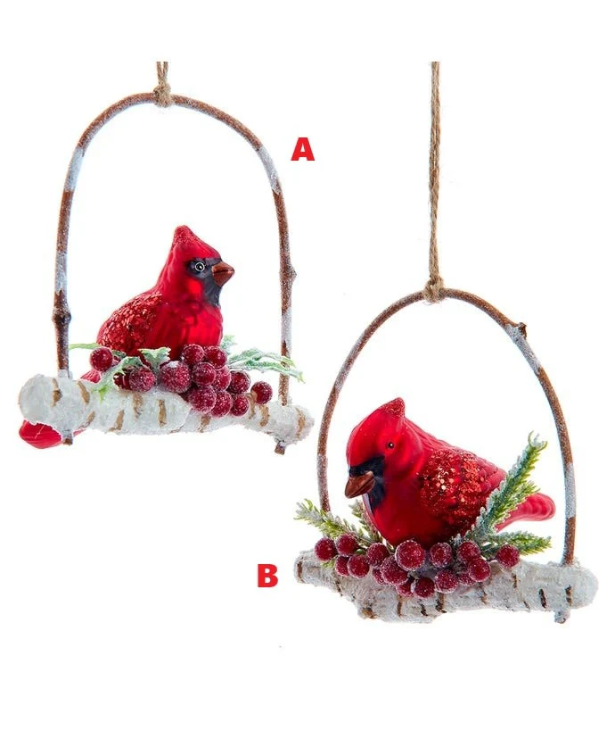 Glass Birch Berries Cardinal On Branch Ornament