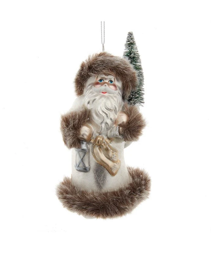 Glass Frost Santa With Brown Fur Trim Ornament