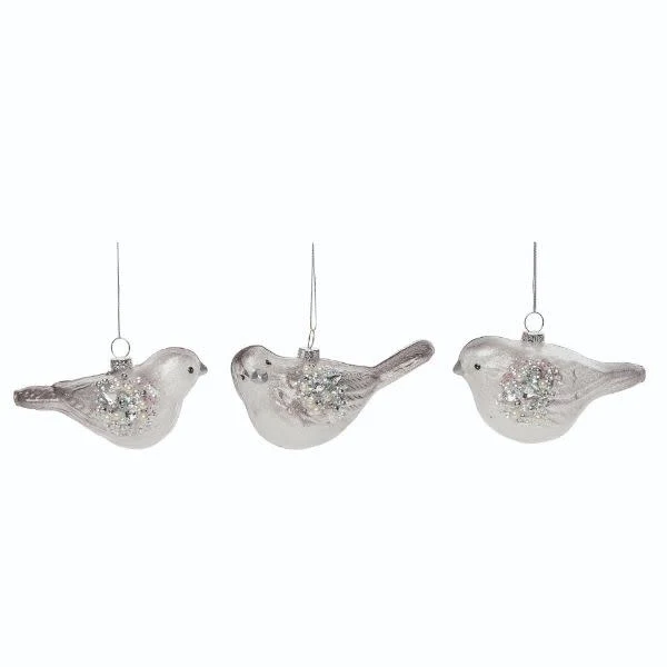 Glass White/Grey Bird Orn