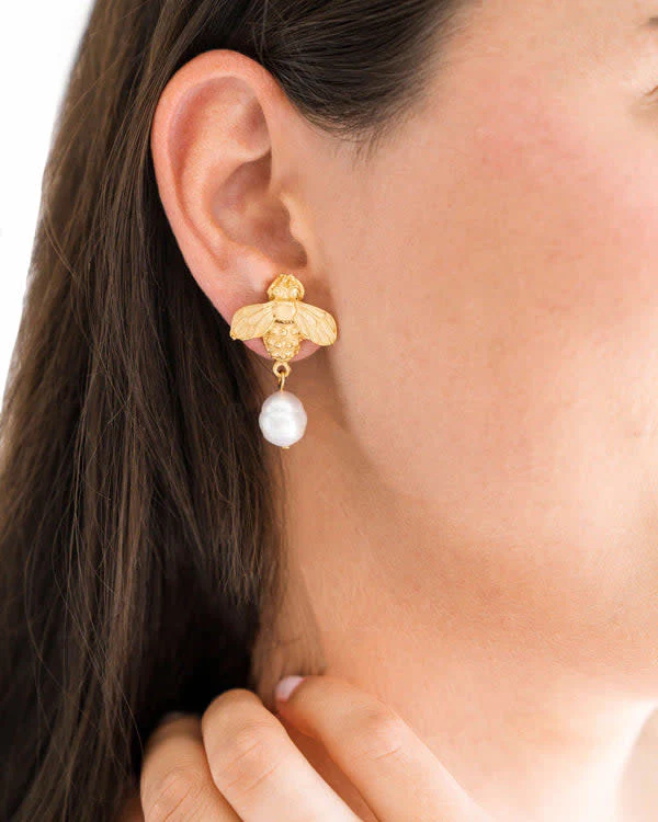 Gold Bee and Genuine Freshwater Pearl Earrings - Image 2