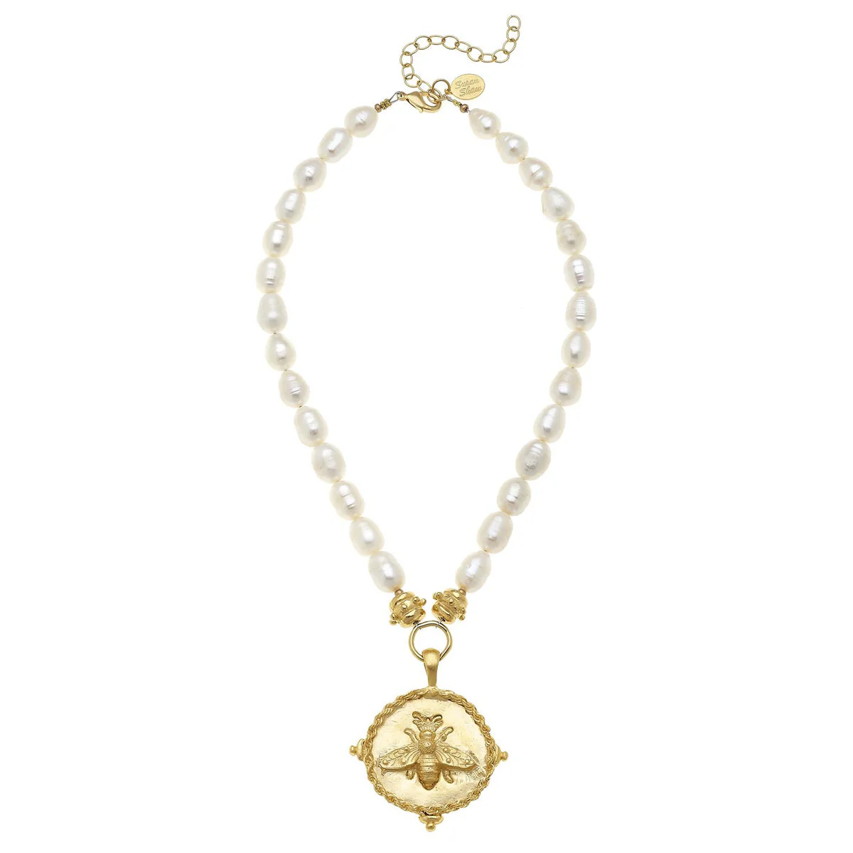 Gold Bee Pendant On Genuine Freshwater Pearl Necklace