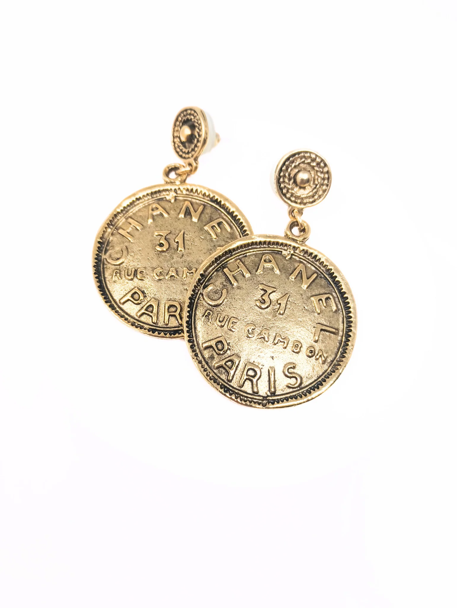 Gold Dangle Fashion Earrings with Chanel Type Coin - Image 2