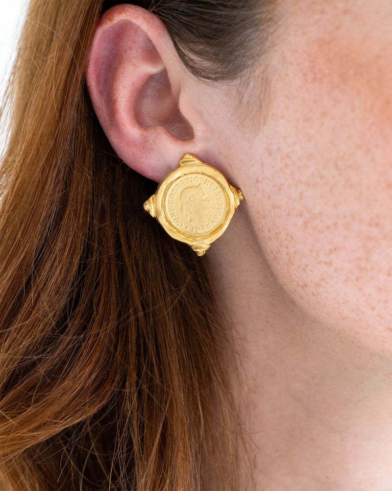 Gold Intaglio Coin Pierced Earrings - Image 2