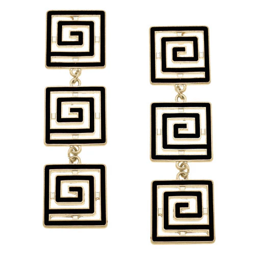 Gretchen Game Day Greek Keys Linked Enamel Earrings In Black