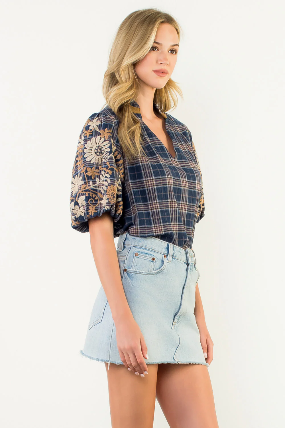 Gwen Embroidered Puff Sleeve Gingham Top - Image 3