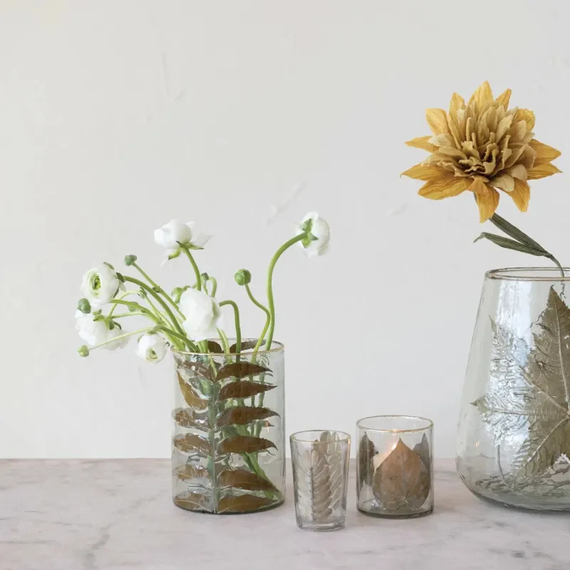 Hand-Blown Glass Votive Holder w/ Embedded Peepal Leaves & Gold Foil Edge - Image 2