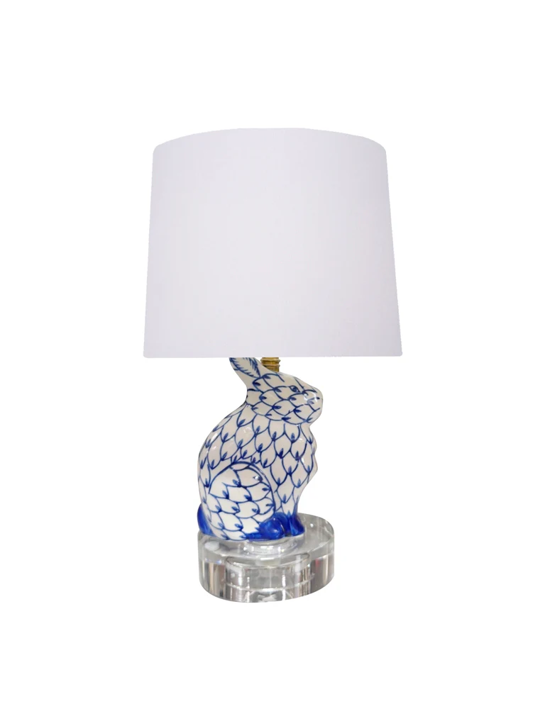 Hand-Painted Blue and White Porcelain Bunny Lamp